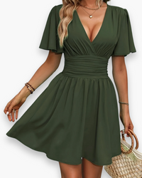 Damen Elegantes Gerafftes Kleid | V-Ausschnitt Midi in Grün