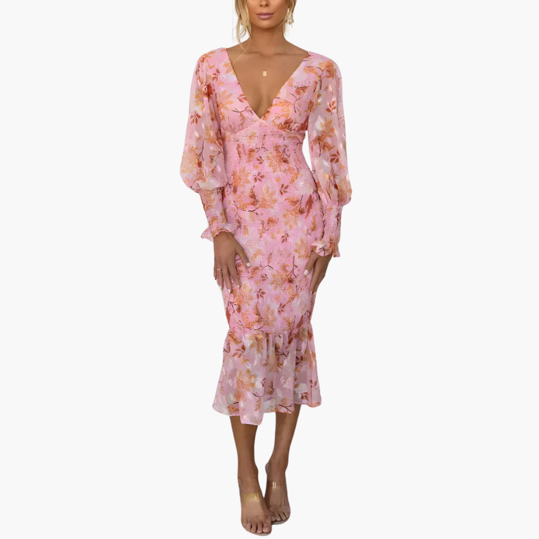 Blumen Midi Kleid mit Puffärmeln - elegantes Damen Sommerkleid