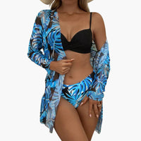 3-teiliges Damen-Bikini-Set - mit Kimono und High-Waist-Hose in Blau