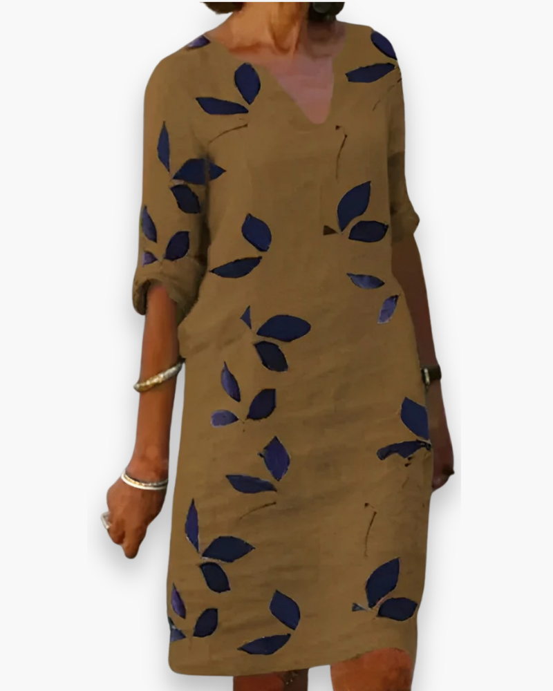 Damen Elegantes Blätterdruck Kleid | Midi