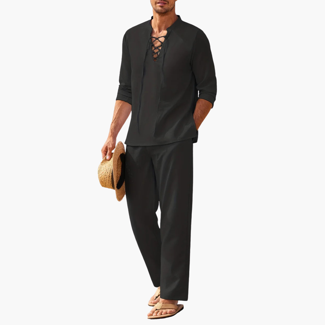 Boho Two-Piece Set for Men - Summer Lace-Up Shirt & Pants