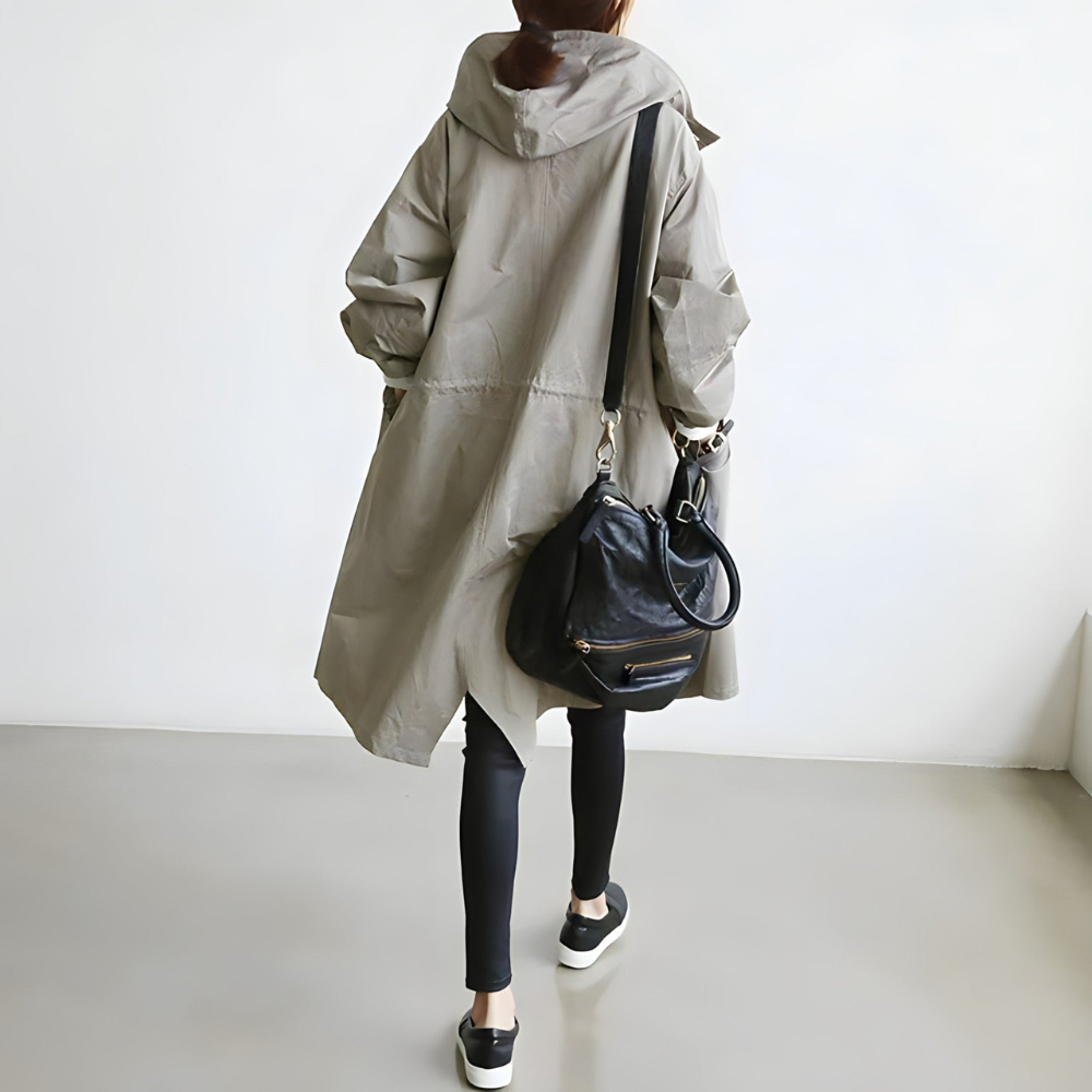 Damen Oversize Trenchcoat mit Kapuze – Lässiger, wasserabweisender Mantel in Grau für den Übergang