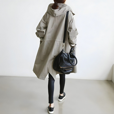 Damen Oversize Trenchcoat mit Kapuze – Lässiger, wasserabweisender Mantel in Grau für den Übergang