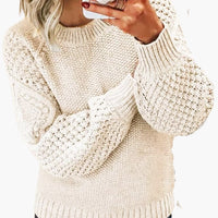 Damen pullover mit strukturierten Ärmeln und geripptem Saum in Beige