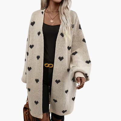 Damen Strickjacke mit offener Vorderseite und Herzmuster