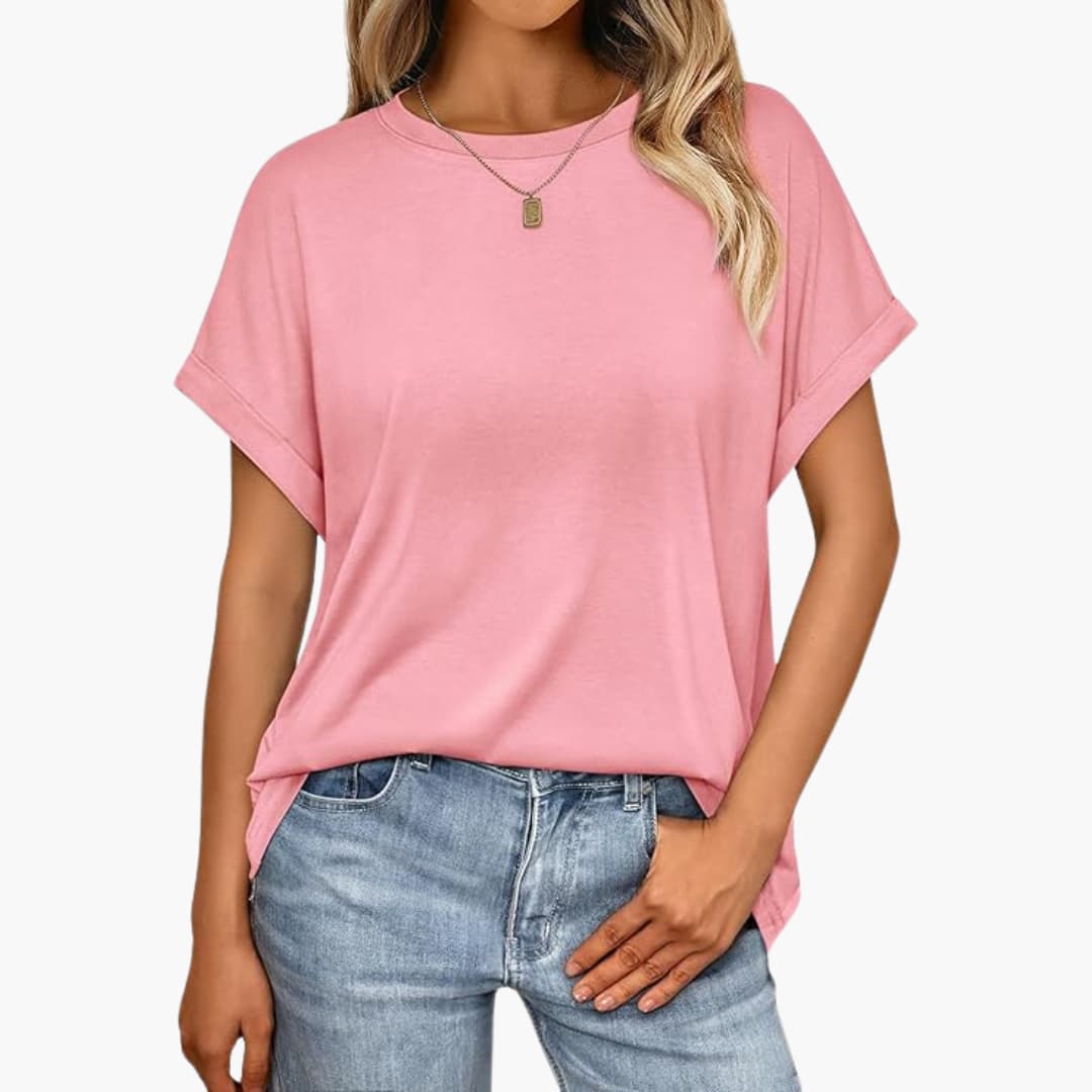 Damen Oversize T-Shirt mit Rundhals und Umschlagärmeln