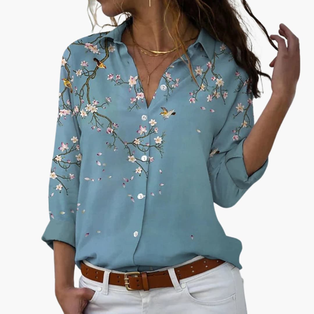 Blumendruck Damen - Bluse mit Knopfleiste und V-Ausschnitt