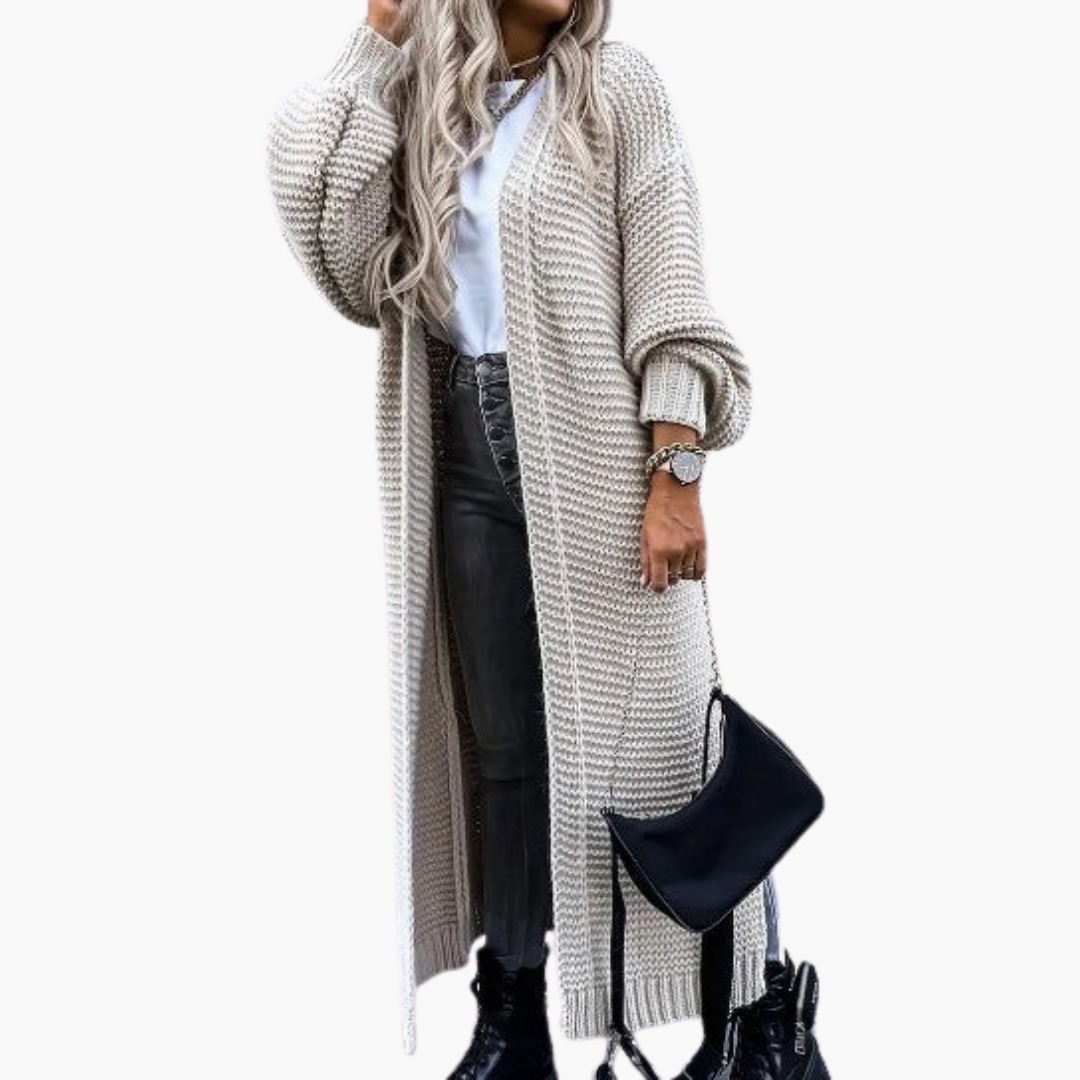 Damen Strickjacke lang mit offenem Vorderteil und gerippten Bündchen