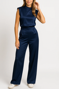 Ellie | Hoher Ausschnitt Weites Bein Jumpsuit in Marineblau