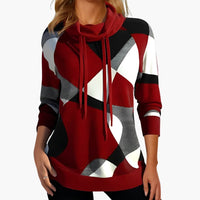 Damen Kapuzen pullover mit geometrischem Print, Kordelzug und langen Ärmeln in Rot