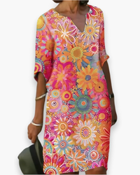 Damen Midi Kleid mit V-Ausschnitt | Blumenlook in Rosa