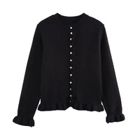 Rüschen Frauen Cardigan mit Knöpfen, Schickes Schichted Oberteil in Schwarz