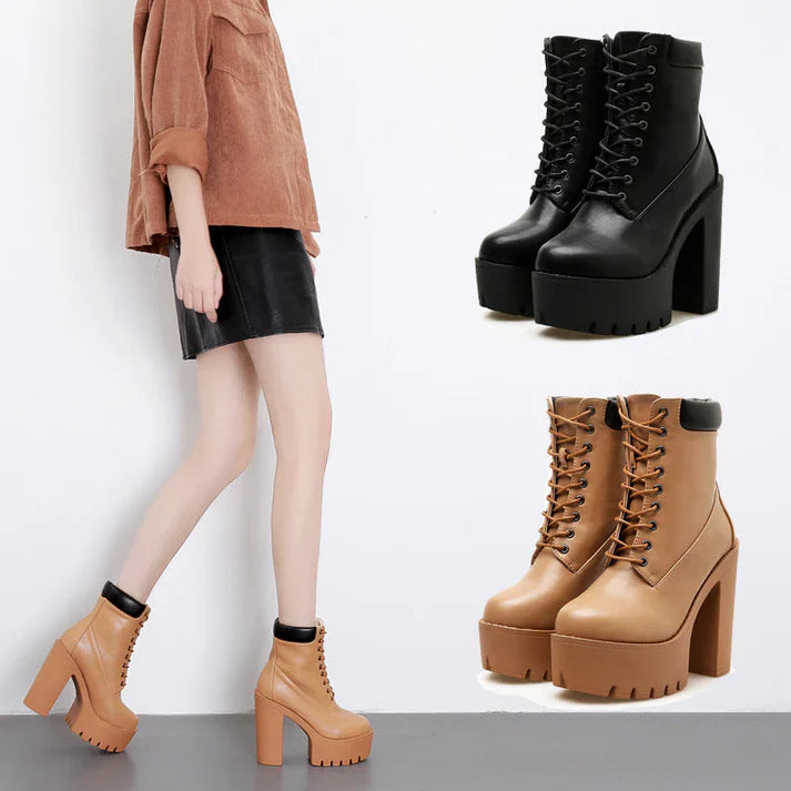 Damen Schnürstiefeletten – Plateau-Stiefel mit Blockabsatz und Robuster Sohle in Beige und Schwarz