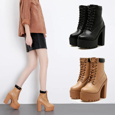 Damen Schnürstiefeletten – Plateau-Stiefel mit Blockabsatz und Robuster Sohle in Beige und Schwarz