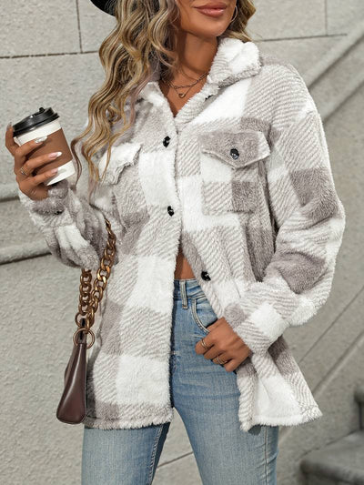Emma – Gemütliche karierte Shacket mit Button-Down-Front | Weiche, karierte Fleece-Hemdjacke in neutralen Tönen