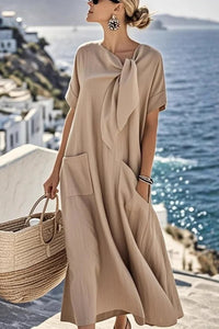Anette - Kurzarm Rundhals mit Bindeband in Beige
