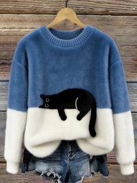 Aiste - Lässiger Pullover Mit Katzenmotiv in Blau