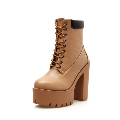 Damen Schnürstiefeletten – Plateau-Stiefel mit Blockabsatz und Robuster Sohle in Beige und Schwarz