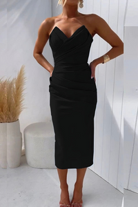 Laura | Damen Trägerloses Drapiertes Festliches Kleid in Black