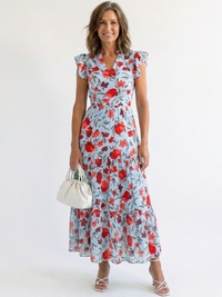 Lila | Floral V-Ausschnitt Schichten Midi Kleid in Himmelblau