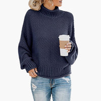 Damen pullover mit hohem Halsausschnitt und geripptem Saum in Blau