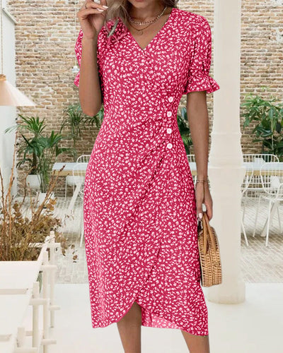 Timya - Schickes Wickel-Midikleid mit Blumenmuster und Knopfdetail | Elegantes Kleid mit V-Ausschnitt und Blumendruck