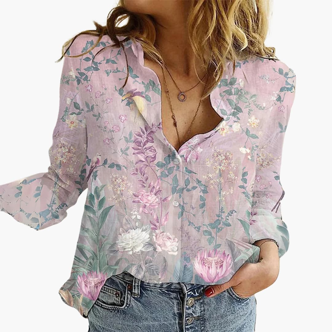 Kunstvoll bedruckte V-Ausschnitt Bluse - Damen Freizeitlook