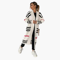 Damen Langer Strickjacke mit Streifen in Weiß