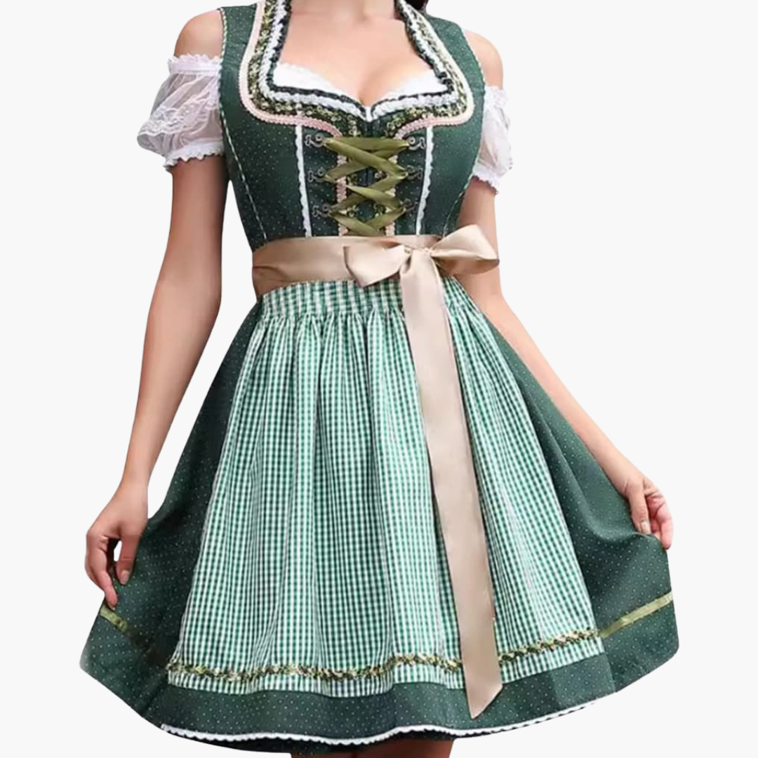 Oktoberfest Dirndl 2025 mit Spitzenbesatz und Karoschürze für Damen