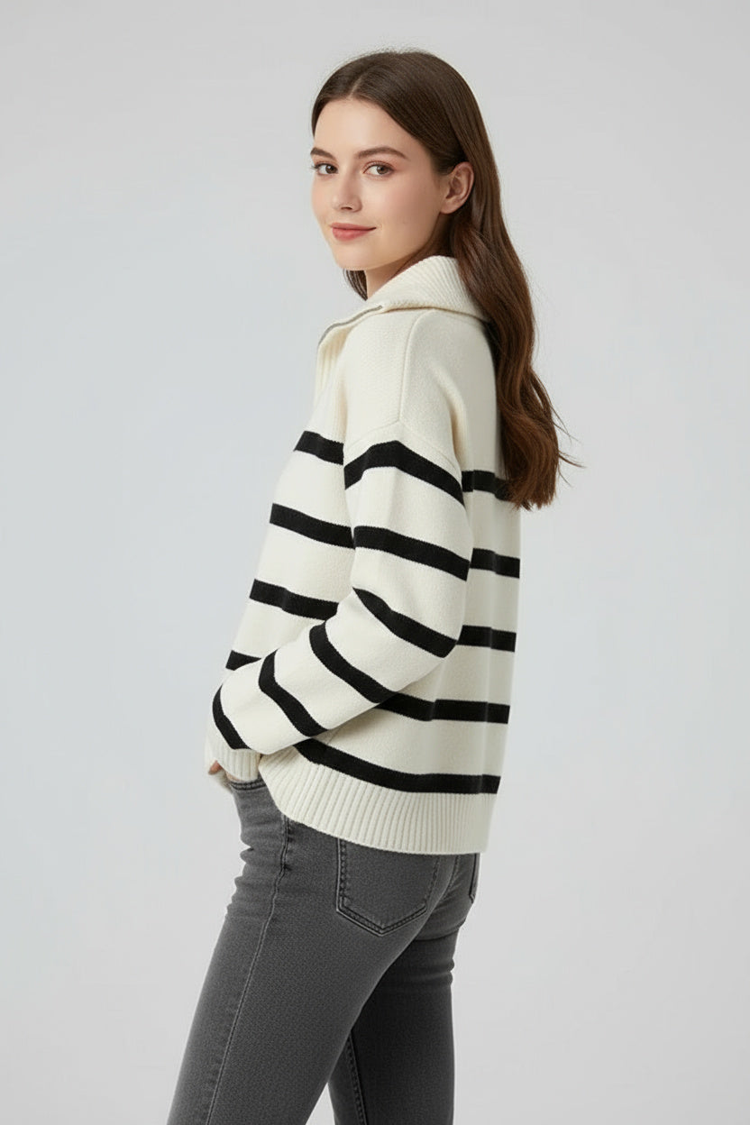 Selma | Damen Strickpullover Mit Reißverschluss Und Streifen