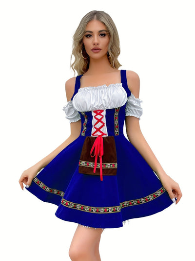 Damen Schulterfrei Blau Oktoberfest Dirndl Kleid