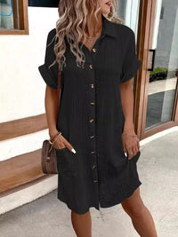 Buttoned Short Sleeve Pocket Casual Shirt Dress in Schwarz