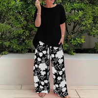 Abigail | Weites Bein Blumenmuster Zweiteiliges Set in Carbon Schwarz