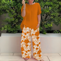Abigail | Weites Bein Blumenmuster Zweiteiliges Set in Mandarin Orange