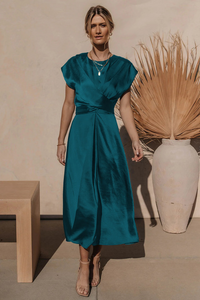 Damen Kurzarm Wickel Midi Hochzeitsgast Kleid in Blau