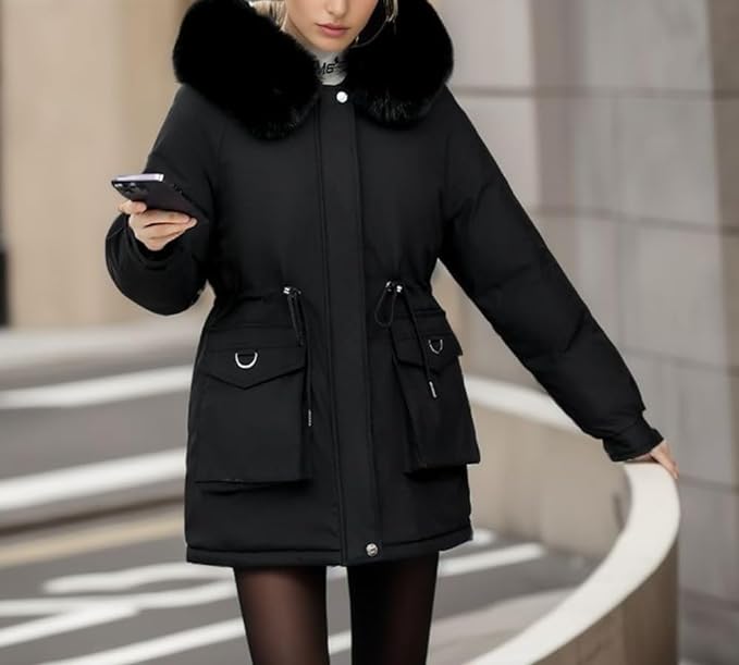 Damen Elegante Winterjacke mit Abnehmbarem Kunstpelz
