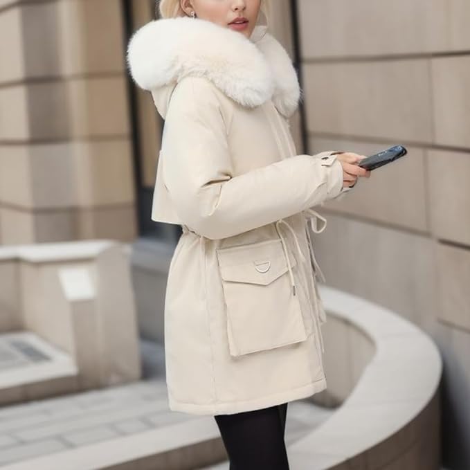 Damen Elegante Winterjacke mit Abnehmbarem Kunstpelz