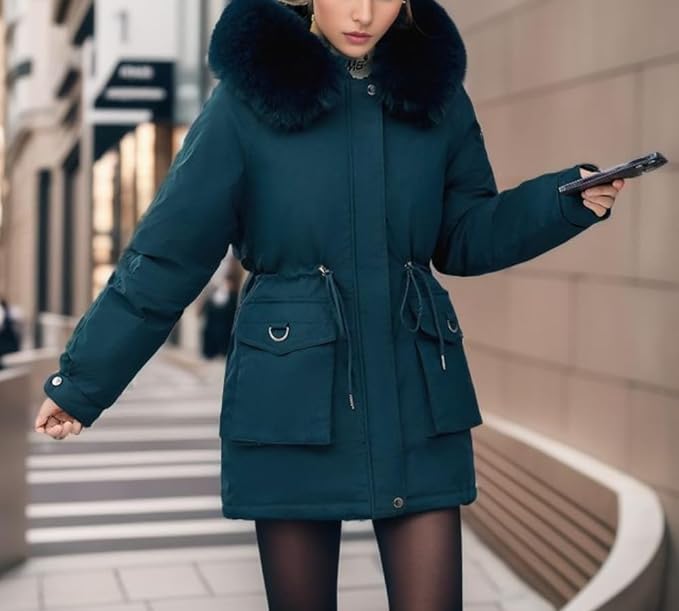 Damen Elegante Winterjacke mit Abnehmbarem Kunstpelz