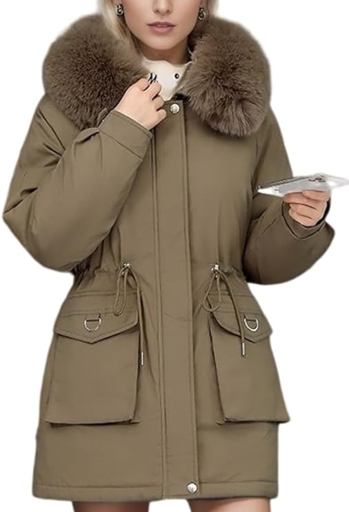 Damen Elegante Winterjacke mit Abnehmbarem Kunstpelz