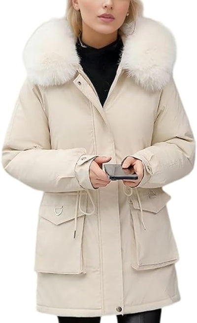 Damen Elegante Winterjacke mit Abnehmbarem Kunstpelz