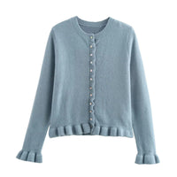 Rüschen Frauen Cardigan mit Knöpfen, Schickes Schichted Oberteil in Blau