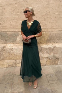 Louise | Elegantes Maxikleid für Feste mit V-Ausschnitt in Flaschengrün