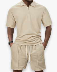 Herren Freizeit Set mit Zipper Polo | Leichtes Sommer Outfit in Beige