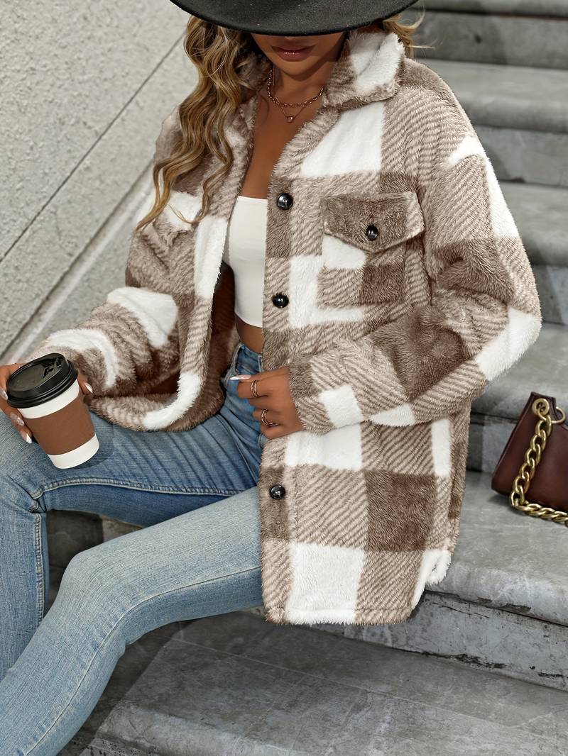 Emma – Gemütliche karierte Shacket mit Button-Down-Front | Weiche, karierte Fleece-Hemdjacke in neutralen Tönen
