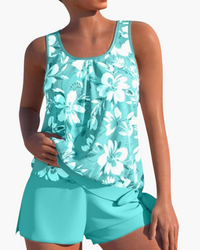 Damen Stilvolles Floral Tankini Set | Zweifarbig in Aqua Blau