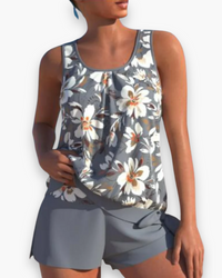 Damen Stilvolles Floral Tankini Set | Zweifarbig in Grau Blume