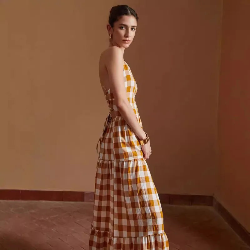 Daphne - Lässiges gebundenes Kleid kariert rückenfrei