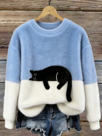 Aiste - Lässiger Pullover Mit Katzenmotiv in Hellblau