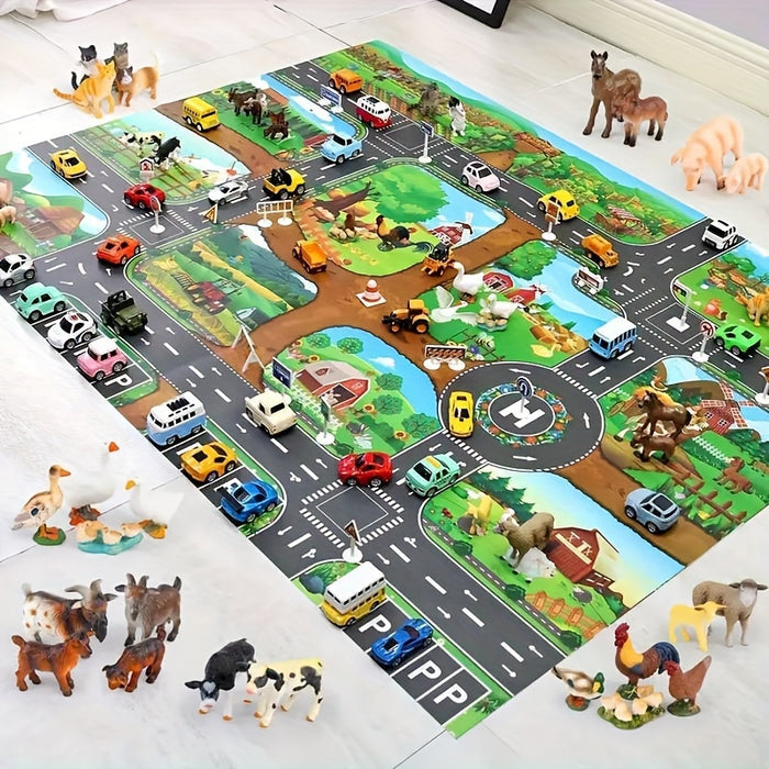 Kinder Spielteppich mit Bauernhof- und Verkehrsthema - DuoPlay