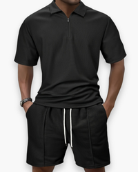 Herren Freizeit Set mit Zipper Polo | Leichtes Sommer Outfit in Schwarz
